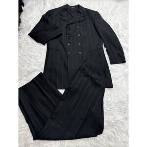 Vintage 1980's Double Breasted Suit Mens 2 Piece 42 L Black Chalk Stripe Falcone